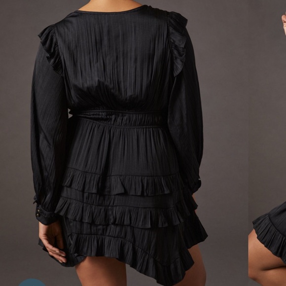 By Anthropologie Tiered Ruffled Mini Dress black Long Sleeve XL Satin $160 - Picture 3 of 10